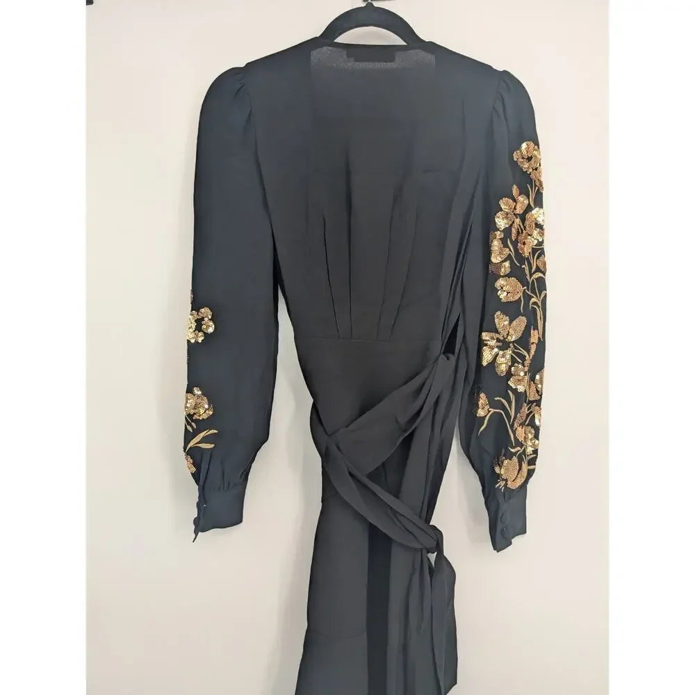 Defect Tory Burch EMBROIDERED WRAP Midi DRESS Sz 2 Golden Sequins Black #2A458